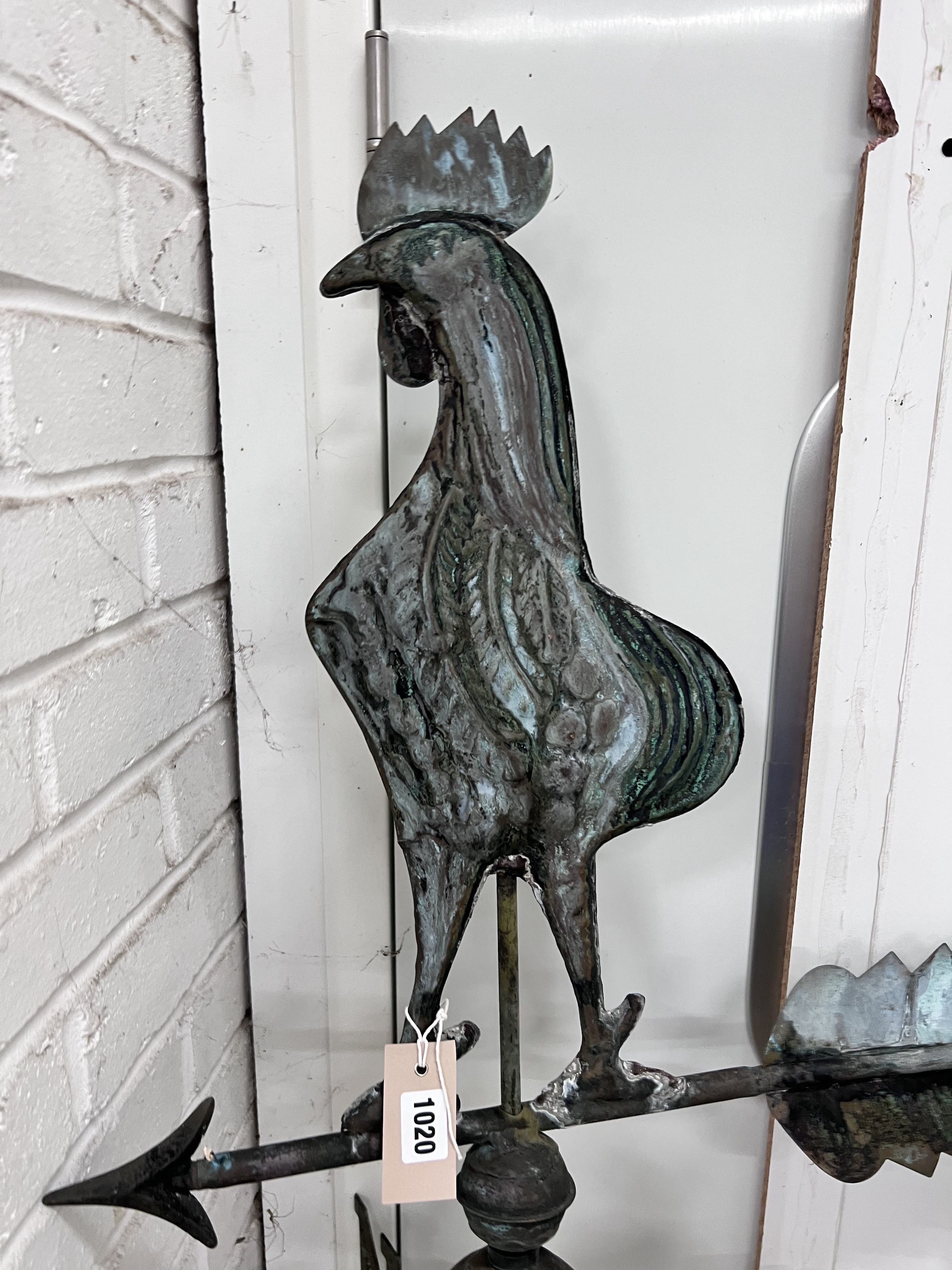 A copper and wrought iron cockerel weathervane, height 192cm